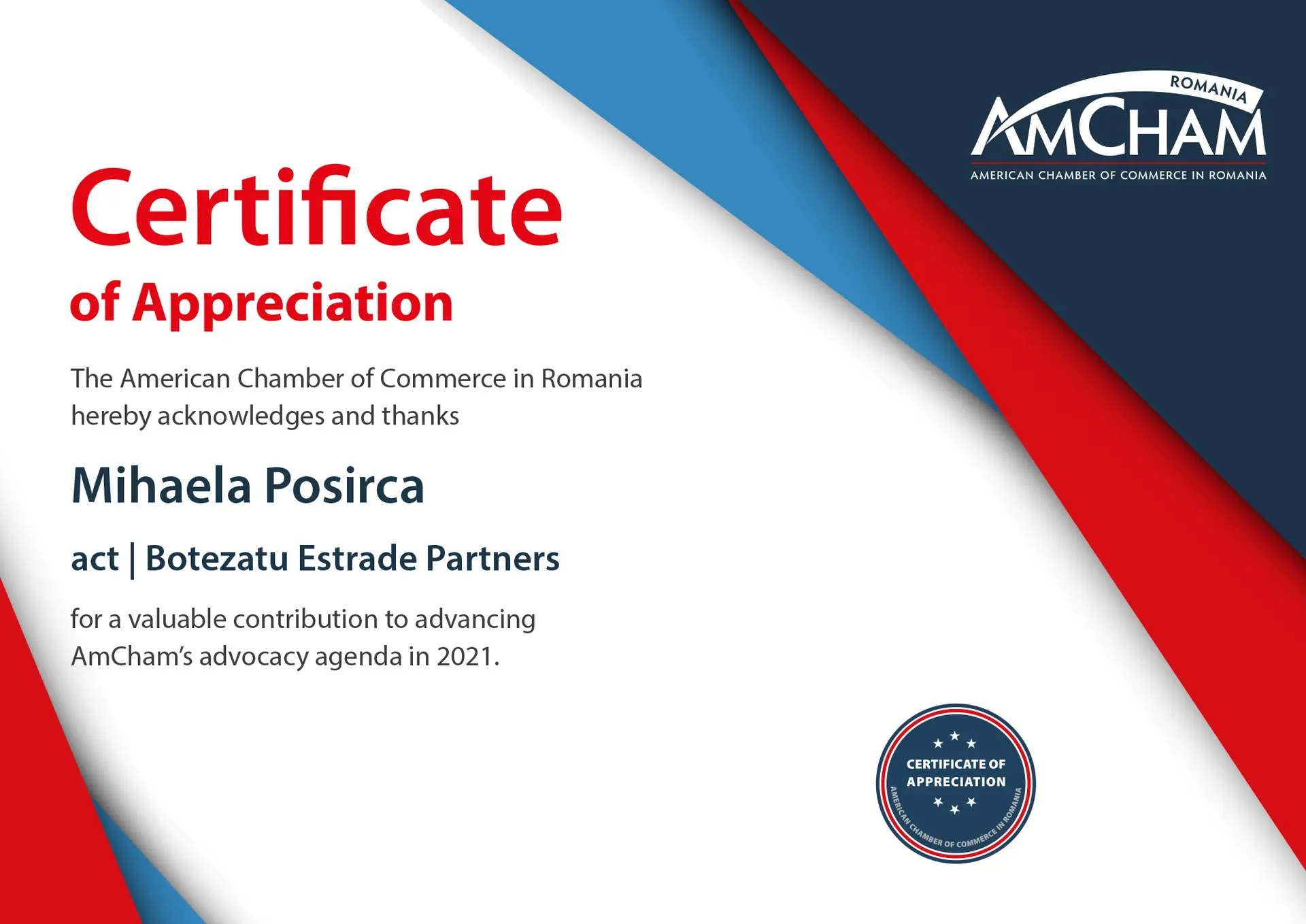 AMCHAM ROMANIA 2021 – Mihaela Poșircă – CERTIFICATE OF APPRECIATION 