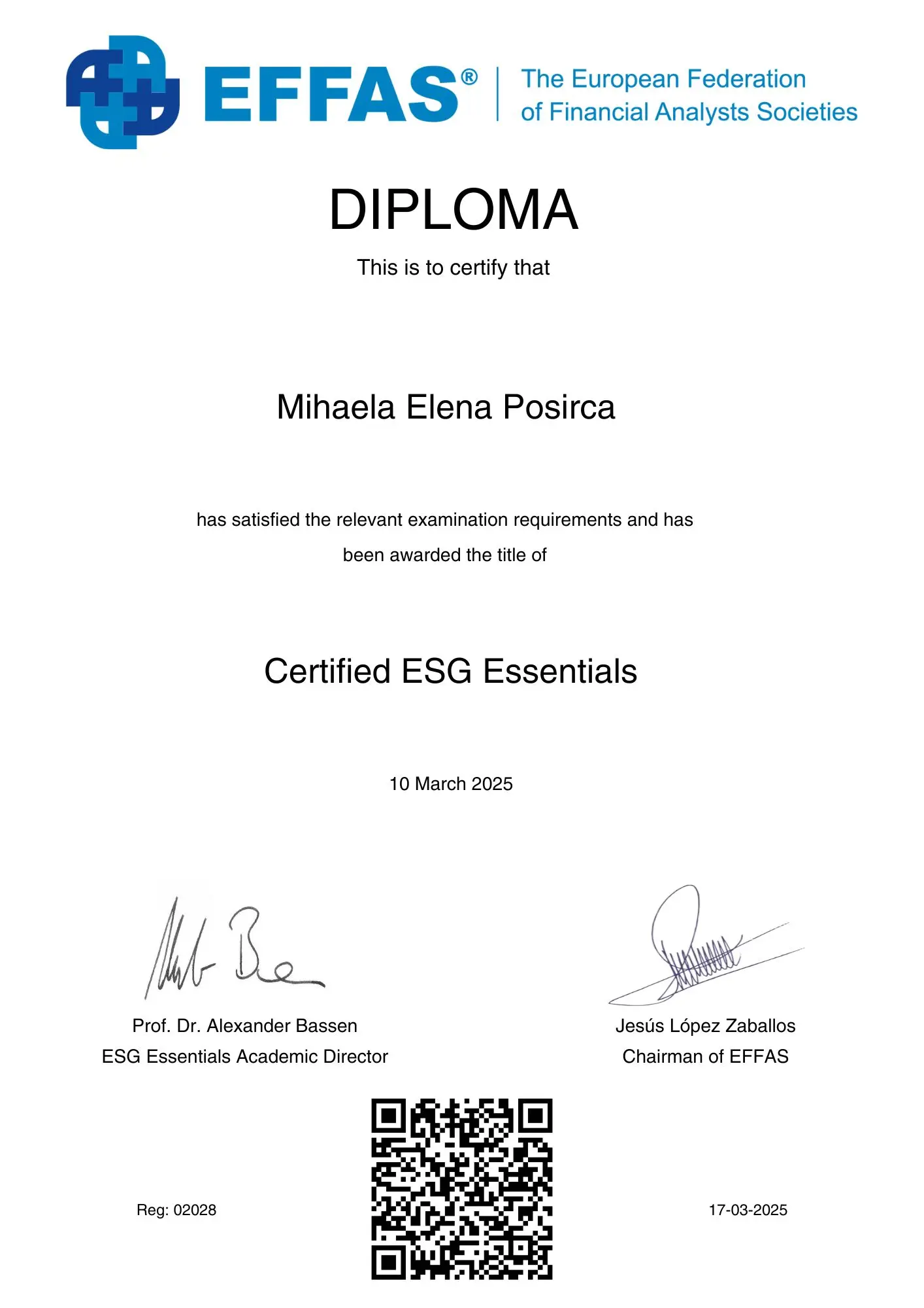 EFFAS 2025 - MIHAELA POȘIRCĂ - CERTIFIED ESG ESSENTIALS