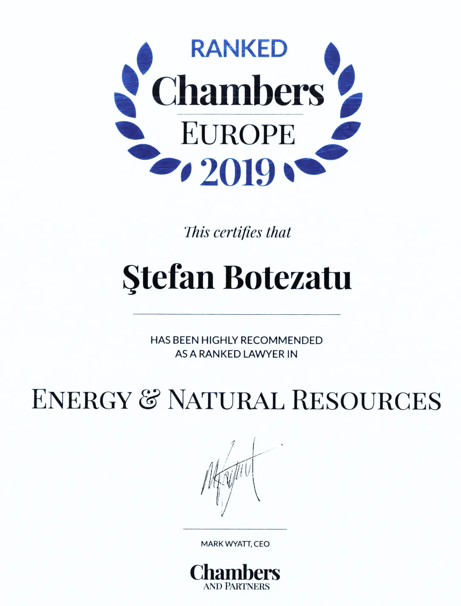 Chambers & Partners Europe 2019 – Ștefan Botezatu – Energy & Natural Resources