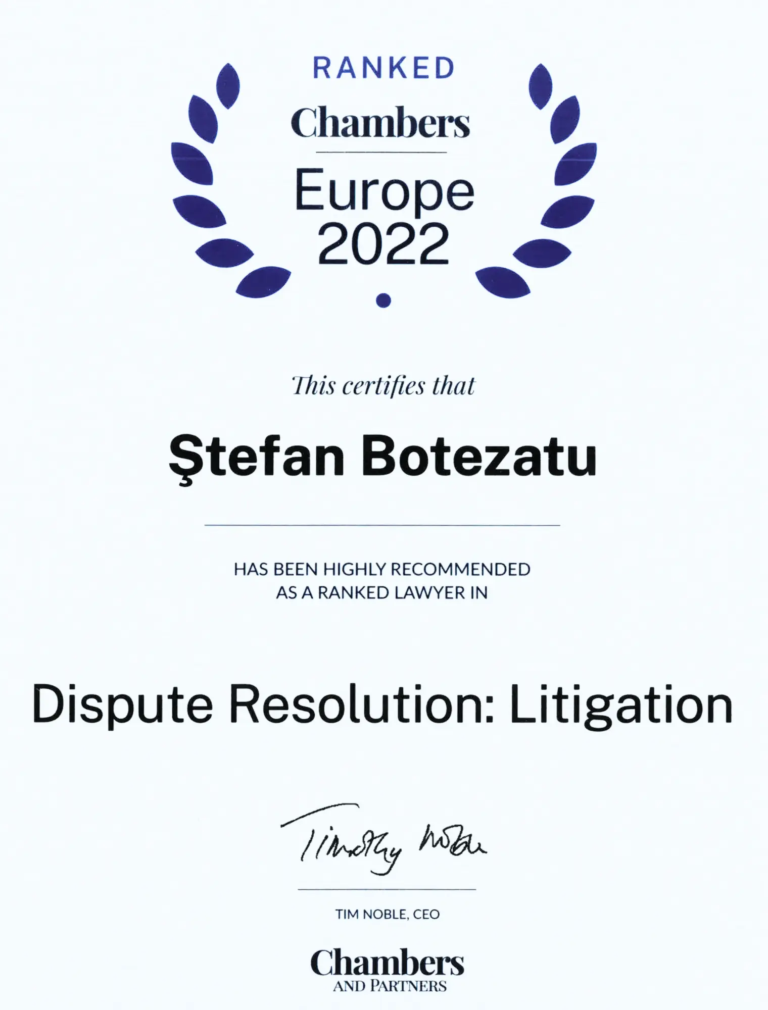 Chambers & Partners Europe 2022 – Ștefan Botezatu – Dispute Resolution