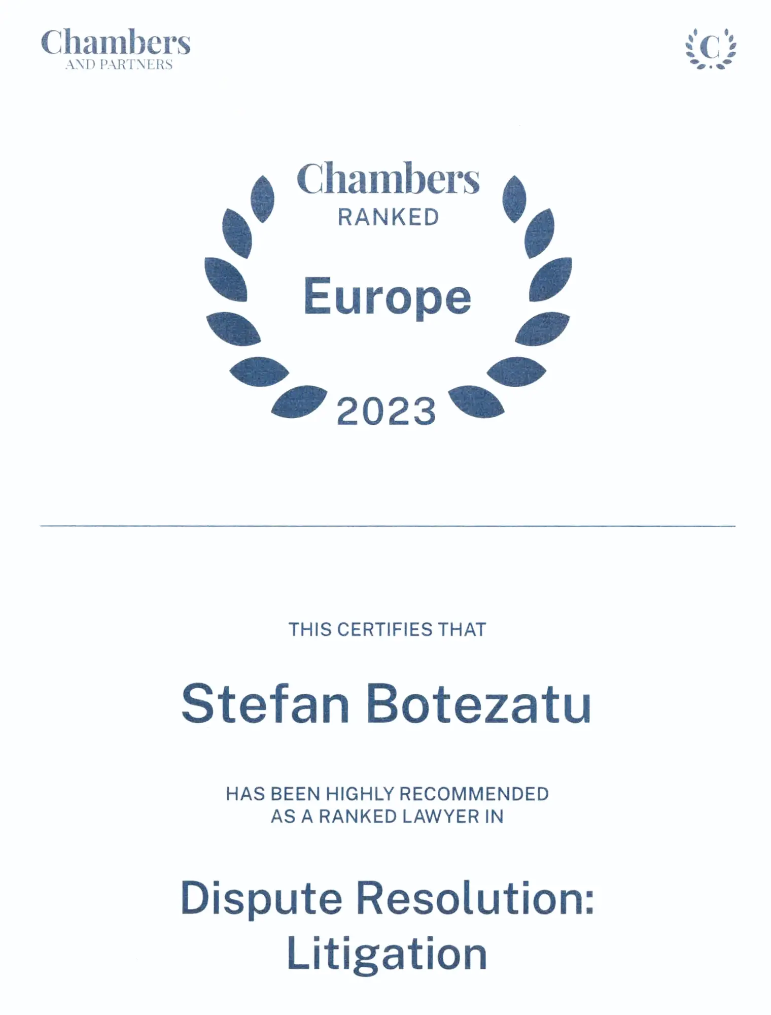 Chambers & Partners Europe 2023 – Ștefan Botezatu – Dispute Resolution