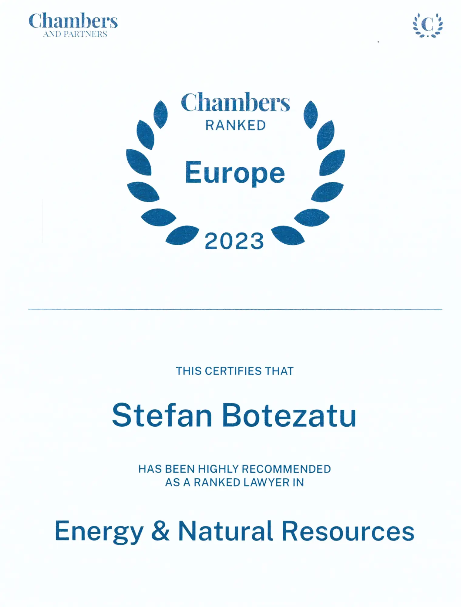 Chambers & Partners Europe 2023 – Ștefan Botezatu – Energy & Natural Resources