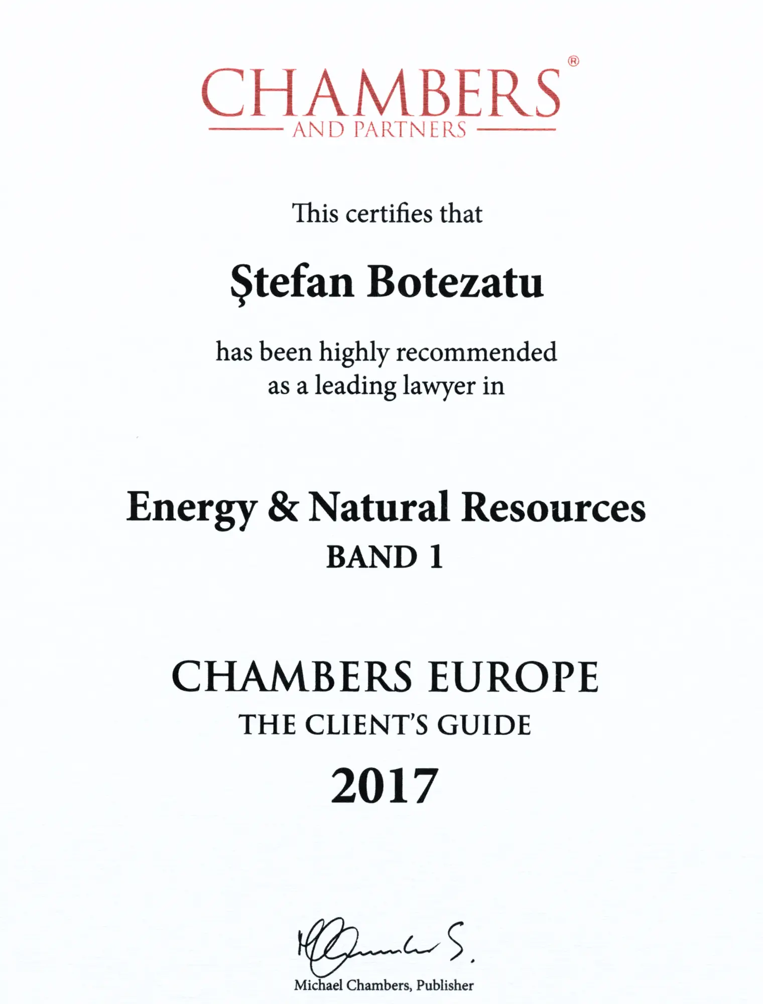 Chambers & Partners Europe 2017 – Ștefan Botezatu – Energy & Natural Resources