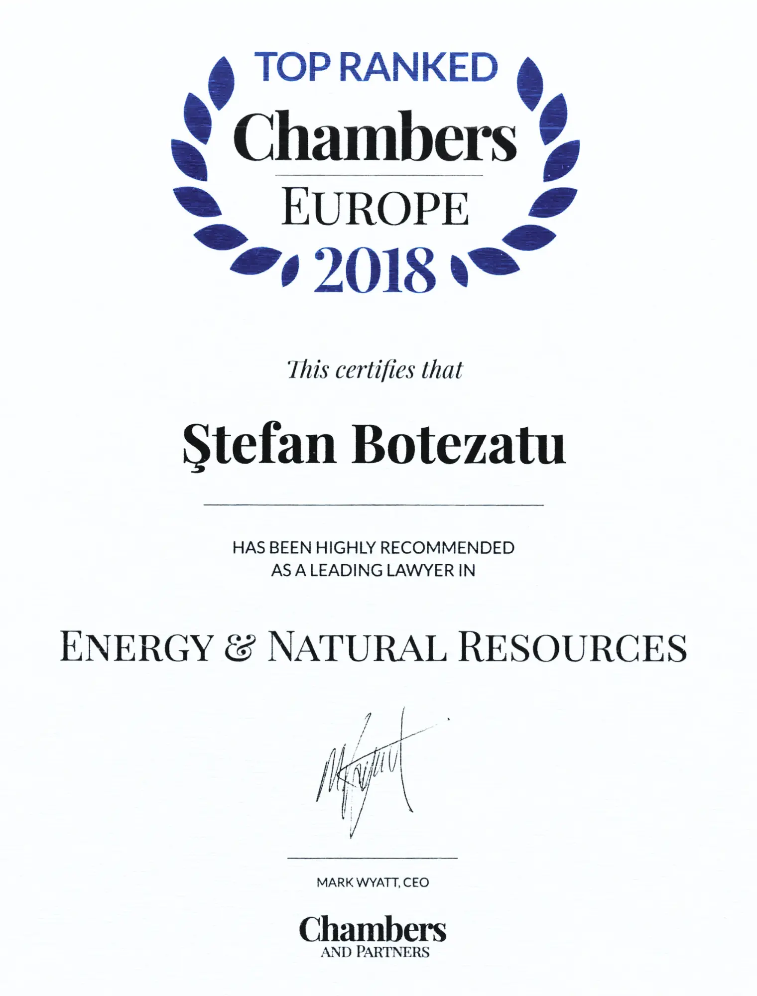 Chambers & Partners Europe 2018 – Ștefan Botezatu – Energy & Natural Resources