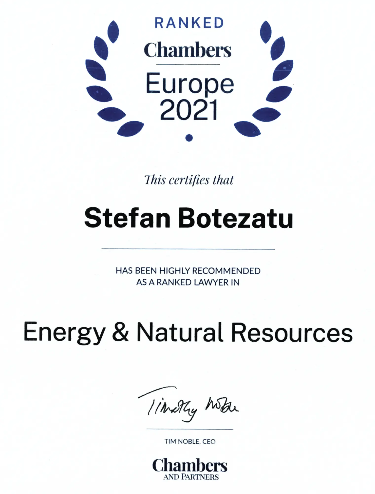 Chambers & Partners Europe 2021 – Ștefan Botezatu – Energy & Natural Resources