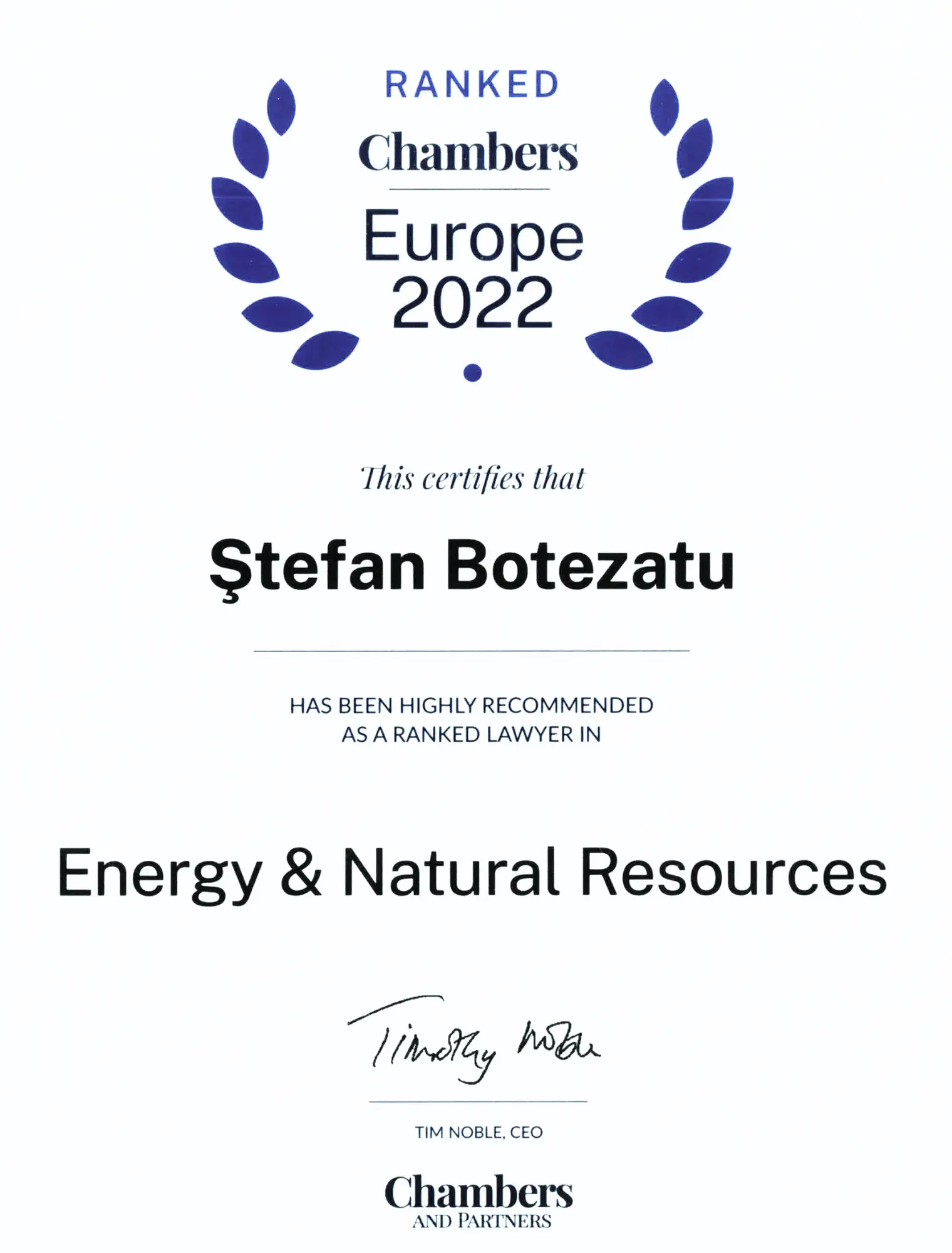 Chambers & Partners Europe 2022 – Ștefan Botezatu – Energy & Natural Resources