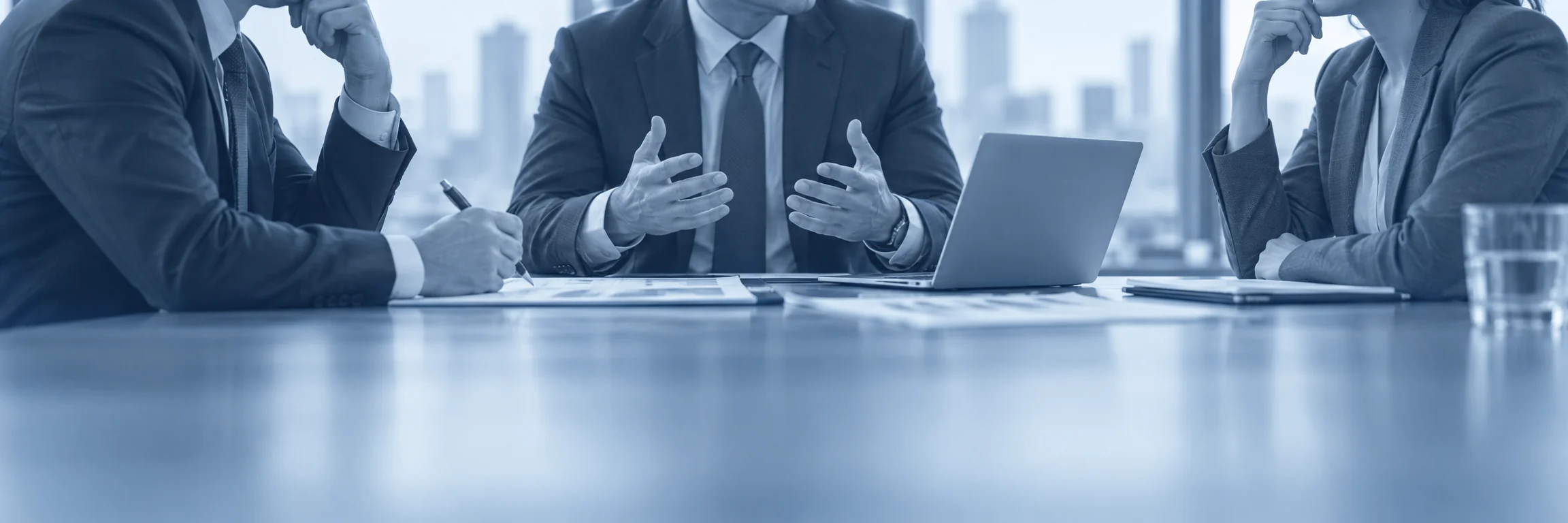 Three people negotiate at a table, one explains with open hands