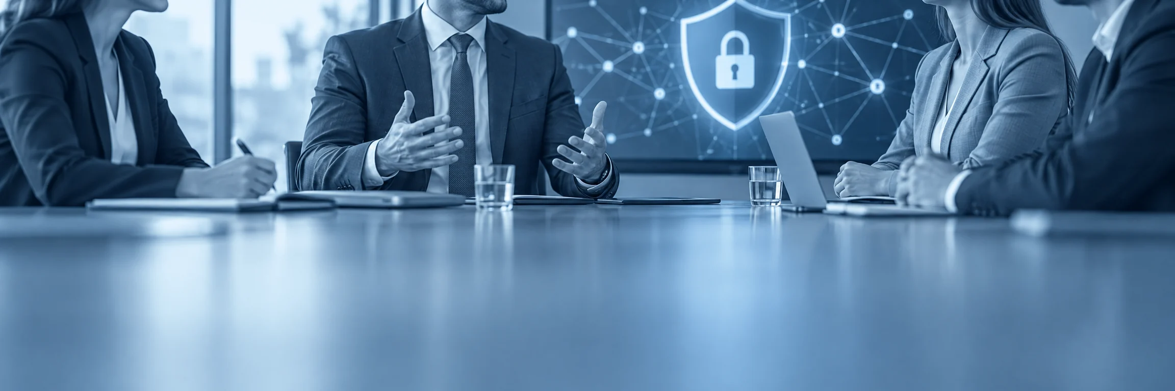 Four people at a conference table discuss cybersecurity, one explains with open hands, a shield with a padlock on the screen behind them
