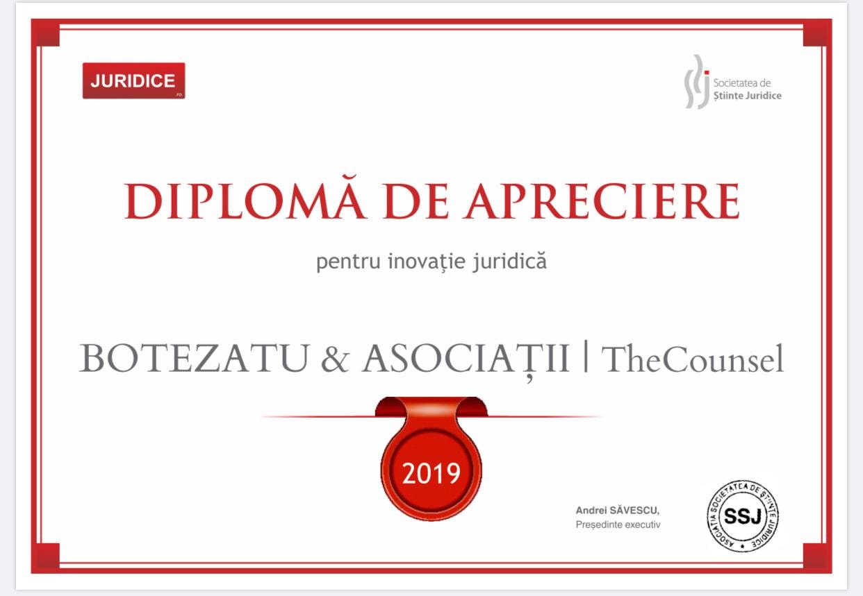 Juridice.ro 2019_Romania_Diploma of Appreciation in Legal Innovation